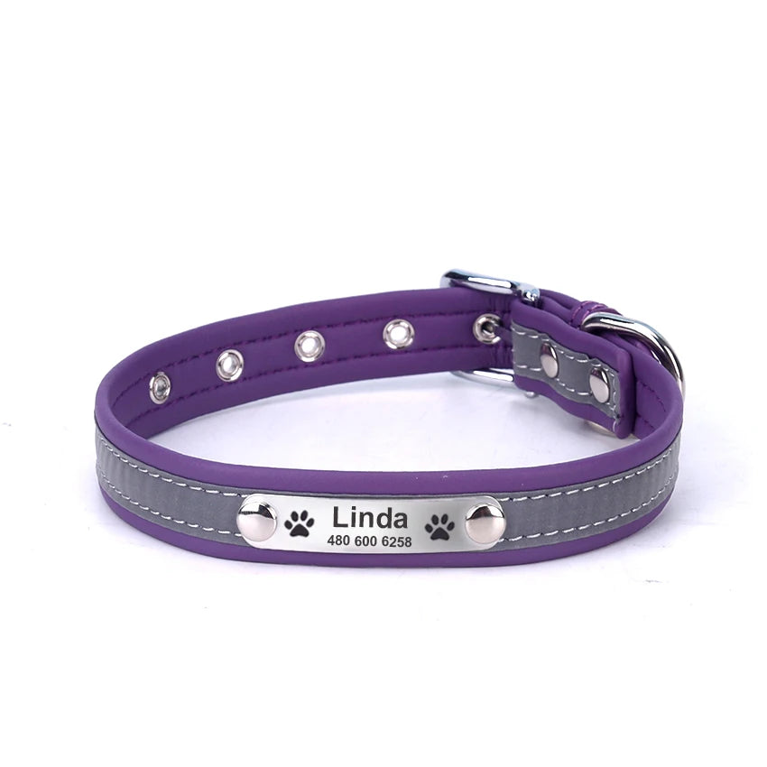 Personalized Leather Dog & Cat Collar – Reflective, Custom Engraved ID Tag