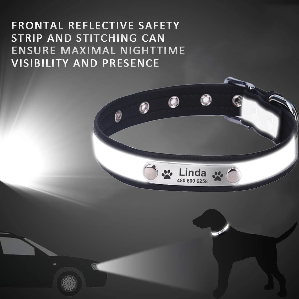 Personalized Leather Dog & Cat Collar – Reflective, Custom Engraved ID Tag