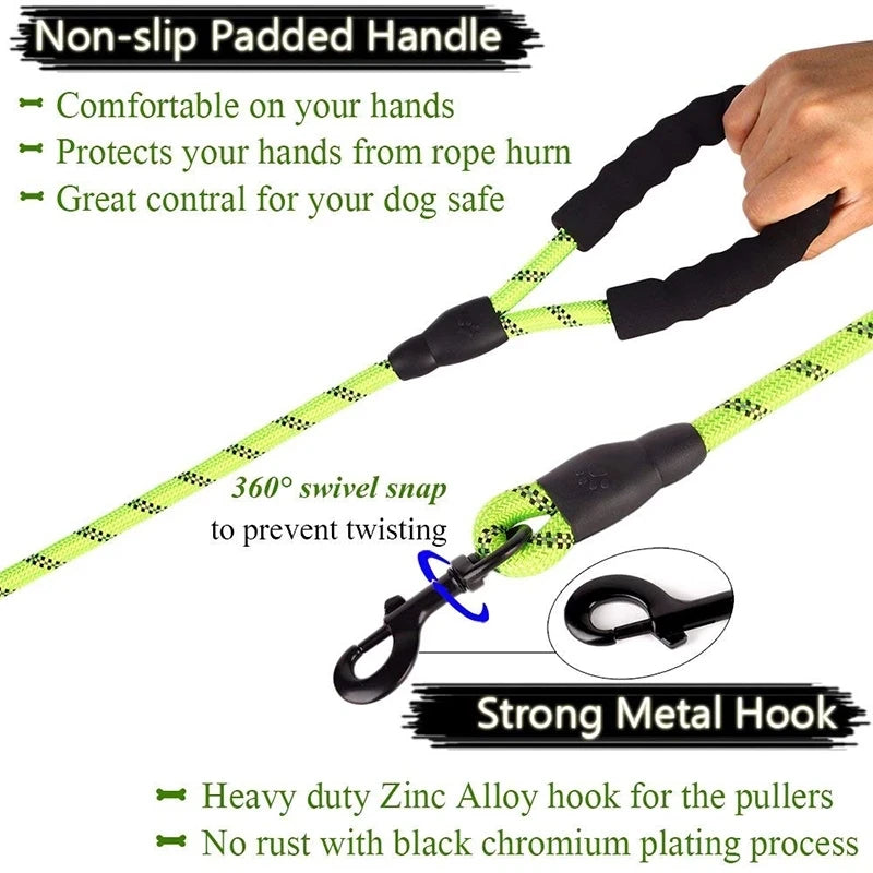 Reflective Dog Leash – Durable Rope Lead with Soft Padded Handle