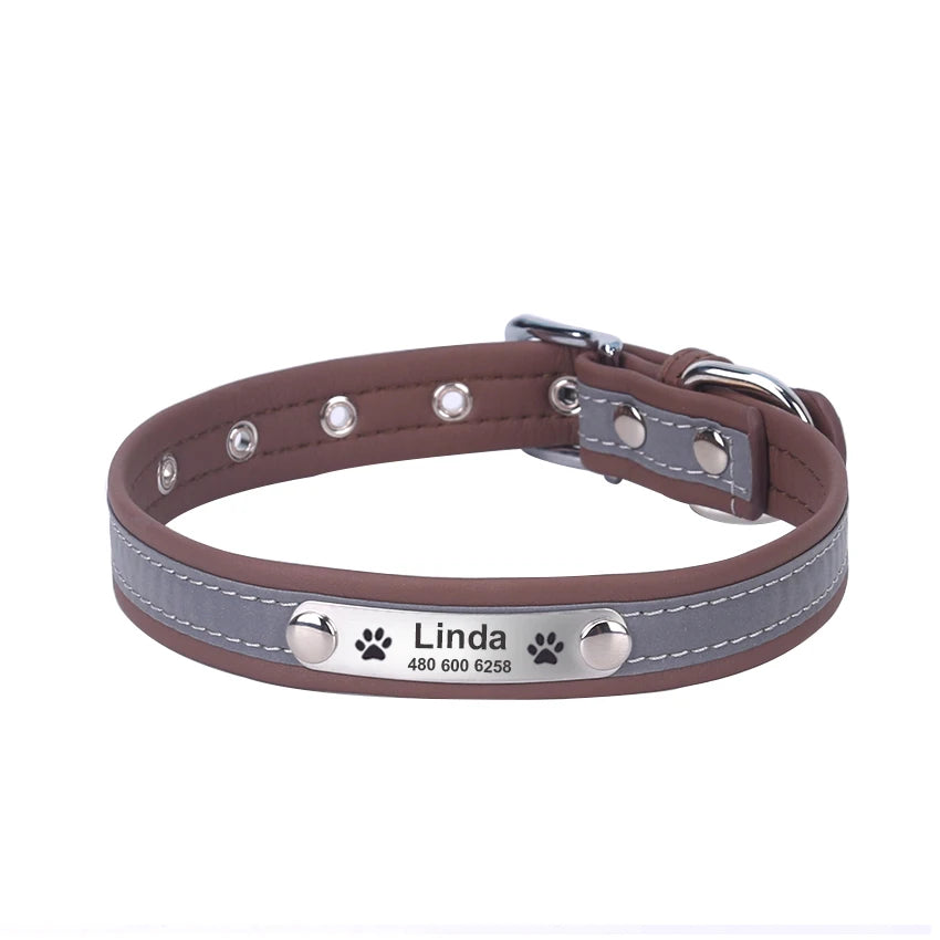 Personalized Leather Dog & Cat Collar – Reflective, Custom Engraved ID Tag