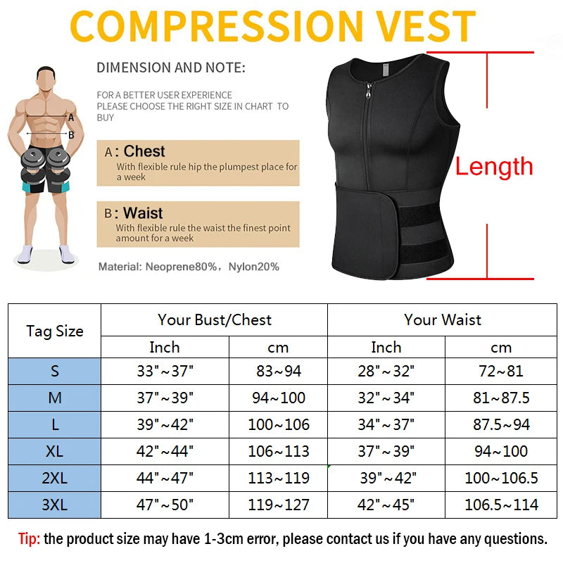 Men’s Neoprene Sweat Vest – Adjustable Waist Trainer with Double Zipper | Compression Sauna Shaper for Weight Loss & Workout