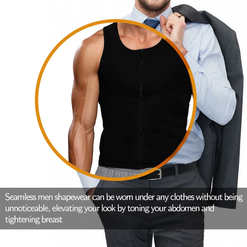 Men’s Slimming Compression Shirt with Zipper – Chest Binder for Gynecomastia & Waist Trainer | Sweat Vest for Moobs, Fat Burn, & Posture Support