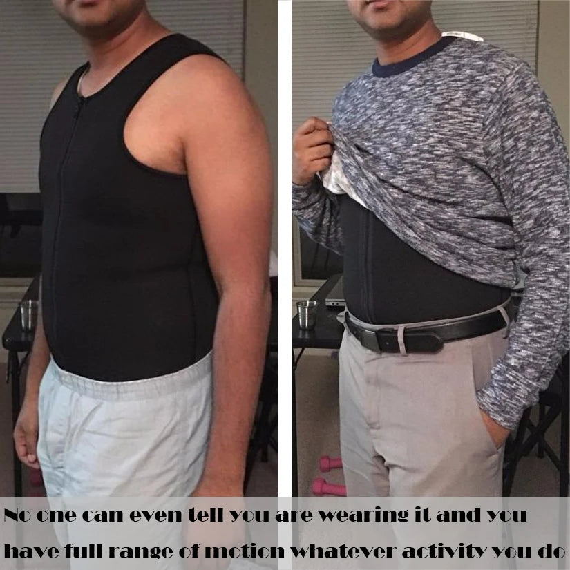 Men’s Slimming Compression Shirt with Zipper – Chest Binder for Gynecomastia & Waist Trainer | Sweat Vest for Moobs, Fat Burn, & Posture Support