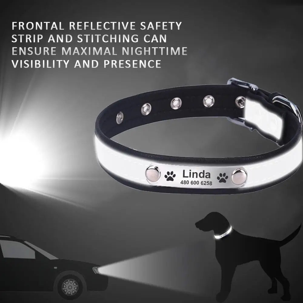 Personalized Leather Dog & Cat Collar – Reflective, Custom Engraved ID Tag