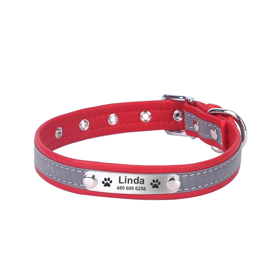 Personalized Leather Dog & Cat Collar – Reflective, Custom Engraved ID Tag