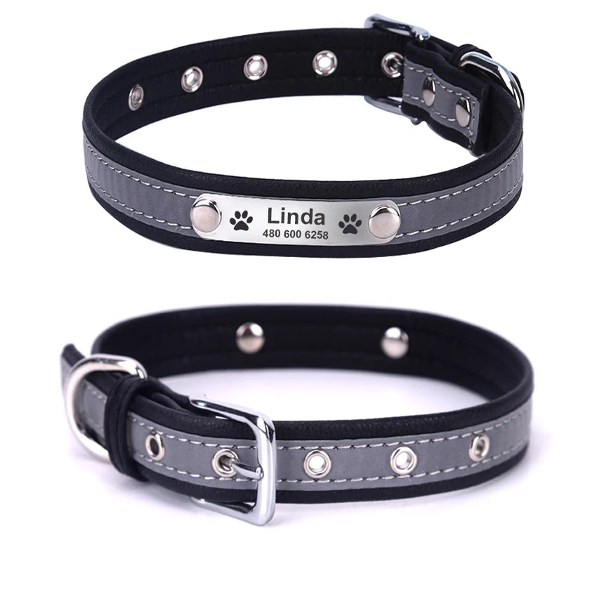 Personalized Leather Dog & Cat Collar – Reflective, Custom Engraved ID Tag