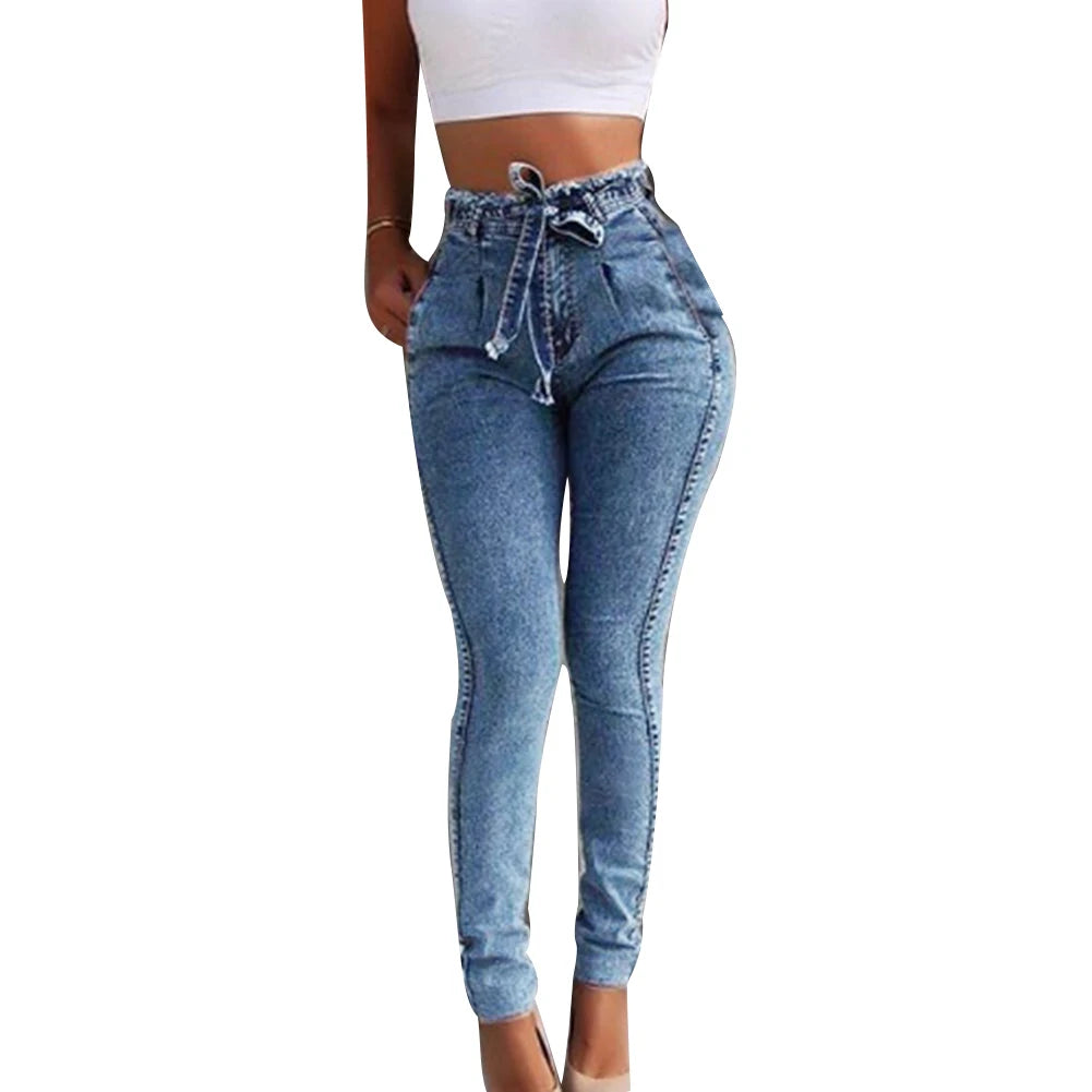Fashion Belted High Waist Skinny Jeans for Women