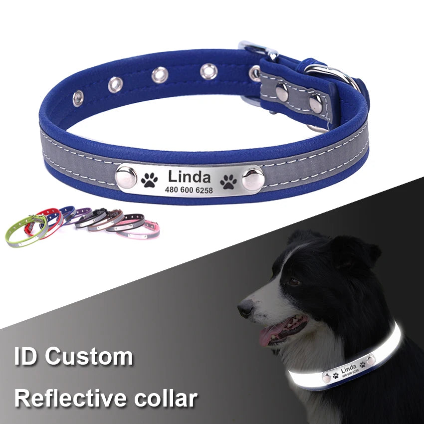 Personalized Leather Dog & Cat Collar – Reflective, Custom Engraved ID Tag