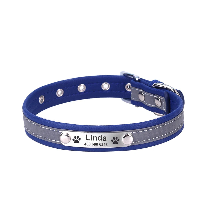 Personalized Leather Dog & Cat Collar – Reflective, Custom Engraved ID Tag