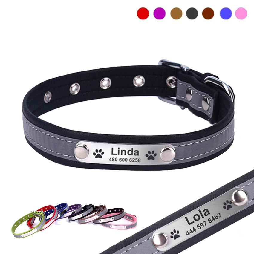 Personalized Leather Dog & Cat Collar – Reflective, Custom Engraved ID Tag