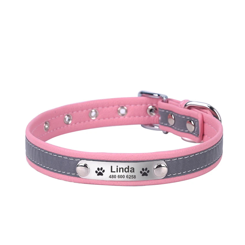 Personalized Leather Dog & Cat Collar – Reflective, Custom Engraved ID Tag