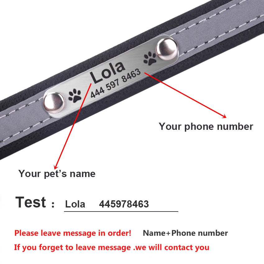 Personalized Leather Dog & Cat Collar – Reflective, Custom Engraved ID Tag