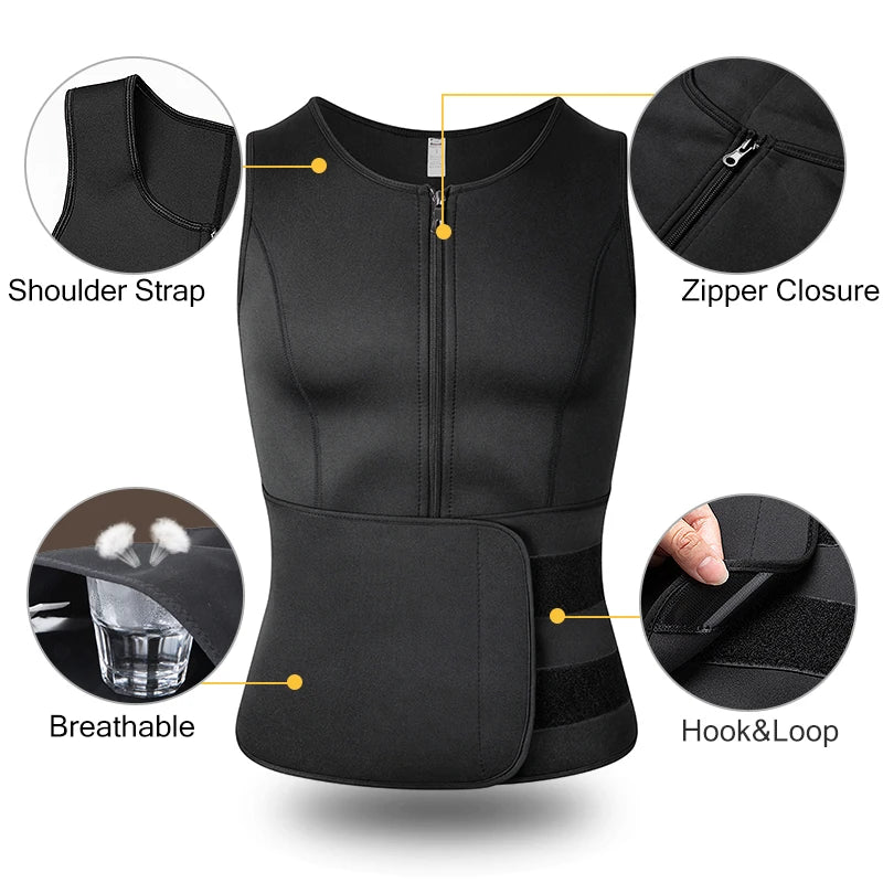 Men’s Neoprene Sweat Vest – Adjustable Waist Trainer with Double Zipper | Compression Sauna Shaper for Weight Loss & Workout
