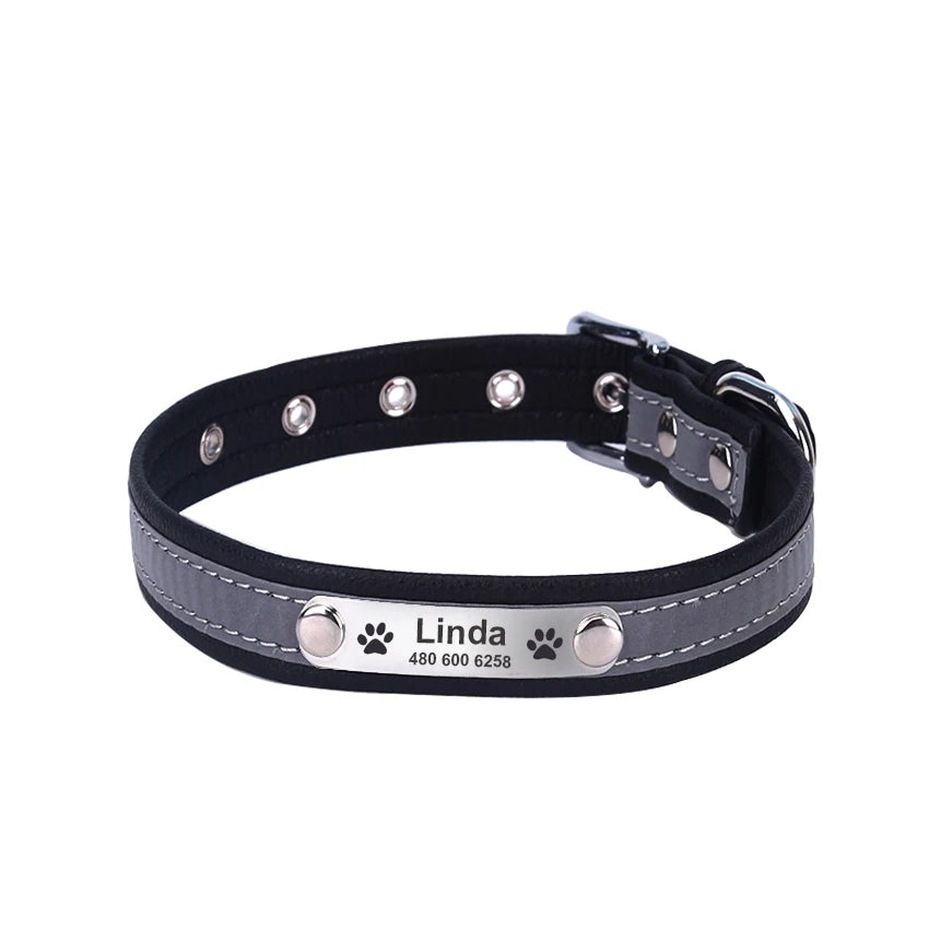 Personalized Leather Dog & Cat Collar – Reflective, Custom Engraved ID Tag