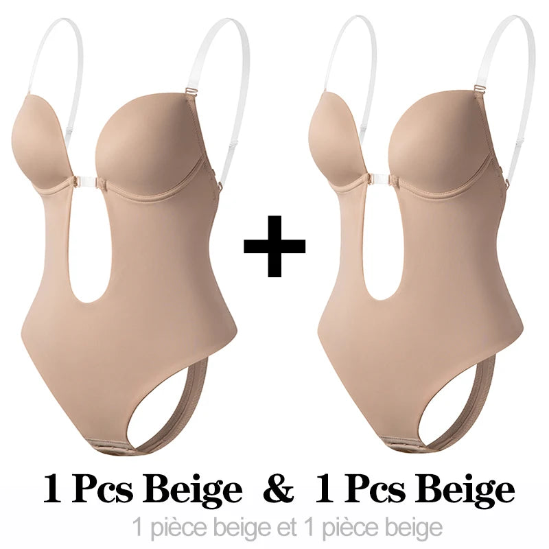 Deep V Invisible Shaper Bra Bodysuit – Backless Thong Corset with Push-Up Padded Bra, Clear Straps & Waist Trainer Support