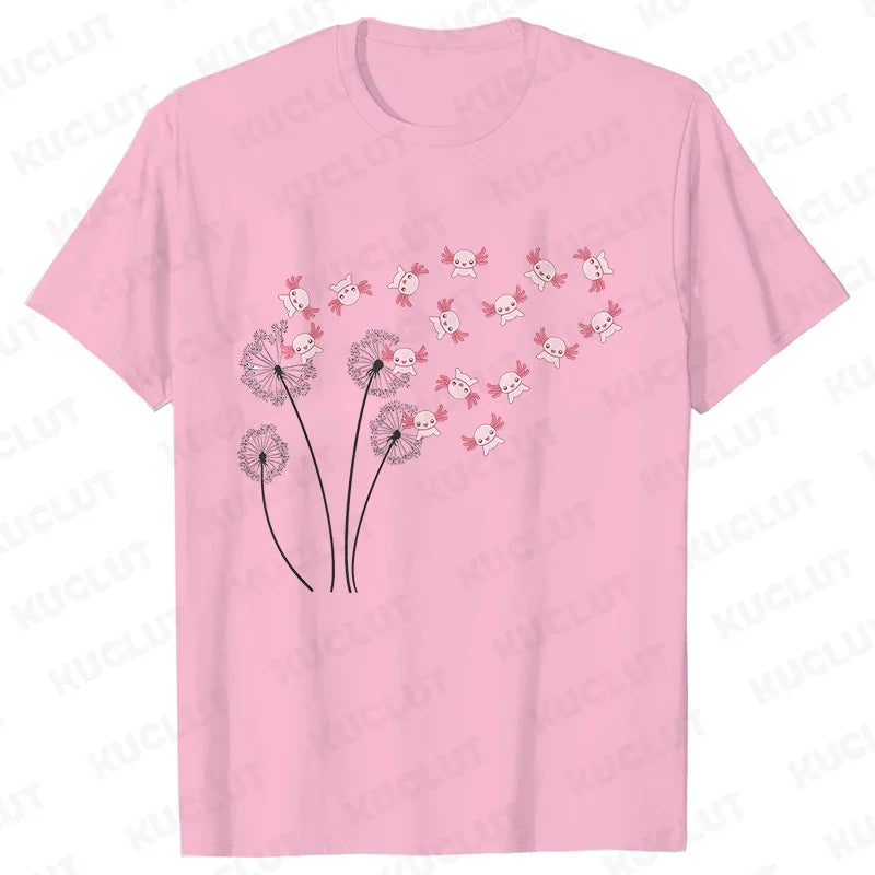 Dandelion Axolotl Flower T-Shirt – Whimsical Nature Meets Cute Charm