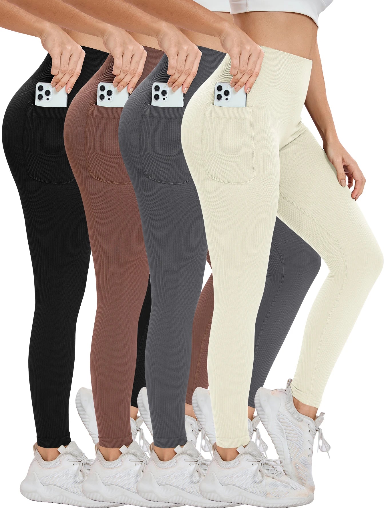 Women’s Seamless Threaded High-Waist Yoga Leggings – Ankle-Length Fitness Pants with Pockets | Stretch Knit Workout Wear
