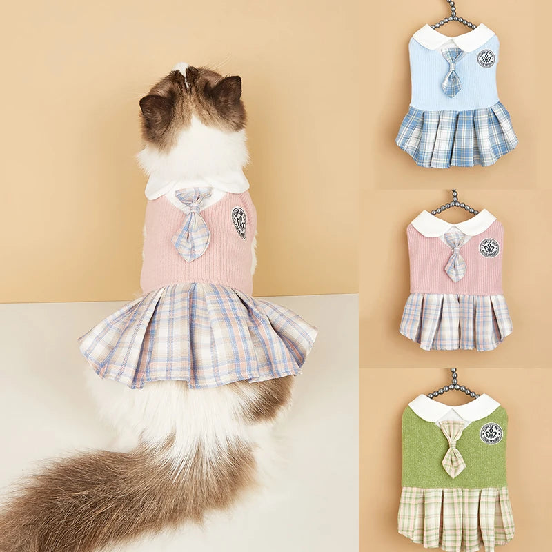 College Style Cute Pet Dress – Plaid Skirt for Small Dogs and Cats