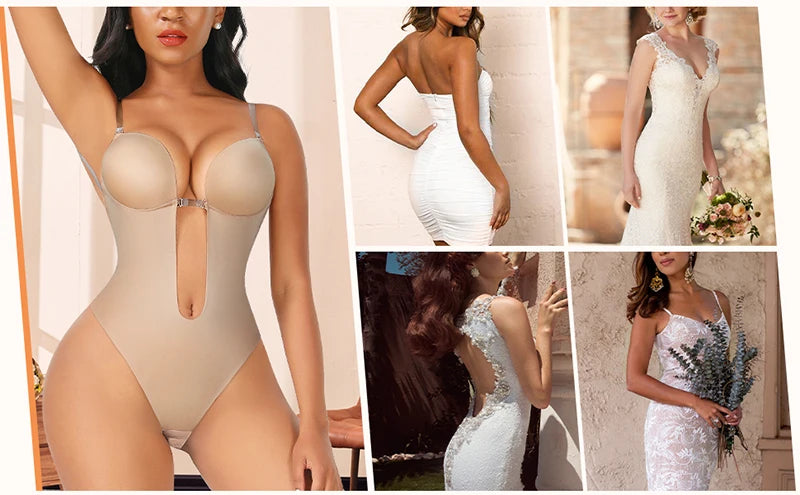 Deep V Invisible Shaper Bra Bodysuit – Backless Thong Corset with Push-Up Padded Bra, Clear Straps & Waist Trainer Support