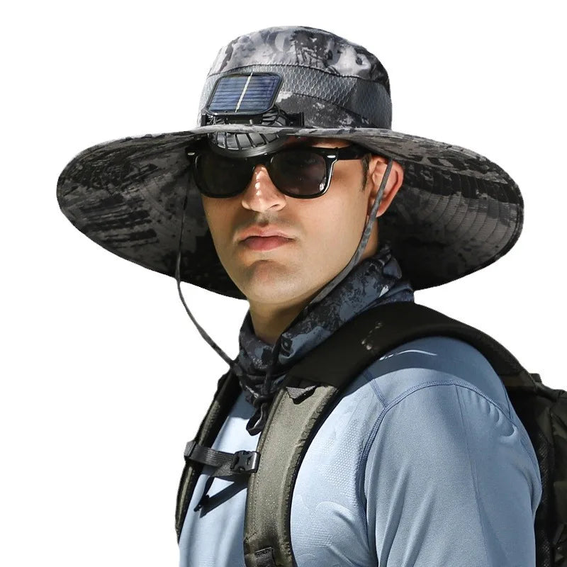 COZOK Wide Brim Solar Fan Hat – Unisex Outdoor UPF 50+ Fishing Hat with Built-in Solar Fan for Sun Protection (Hat03)