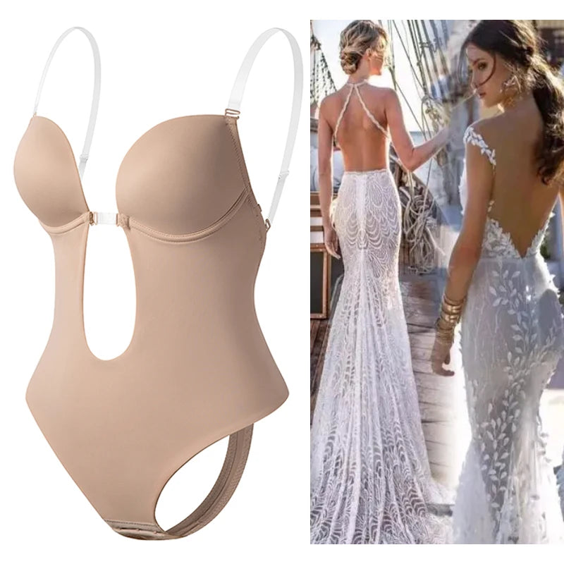 Deep V Invisible Shaper Bra Bodysuit – Backless Thong Corset with Push-Up Padded Bra, Clear Straps & Waist Trainer Support