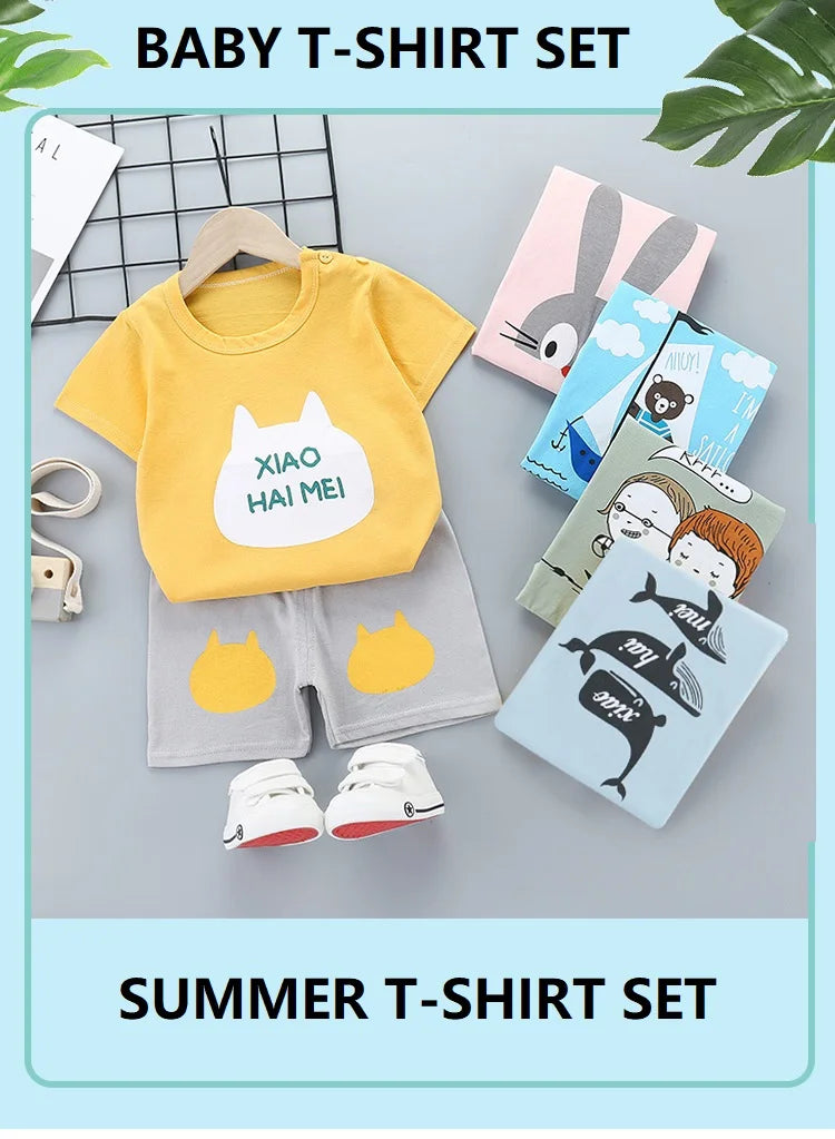 2-Piece Summer Cotton T-Shirt & Shorts Set for Toddlers – Unisex Cartoon Print Outfit