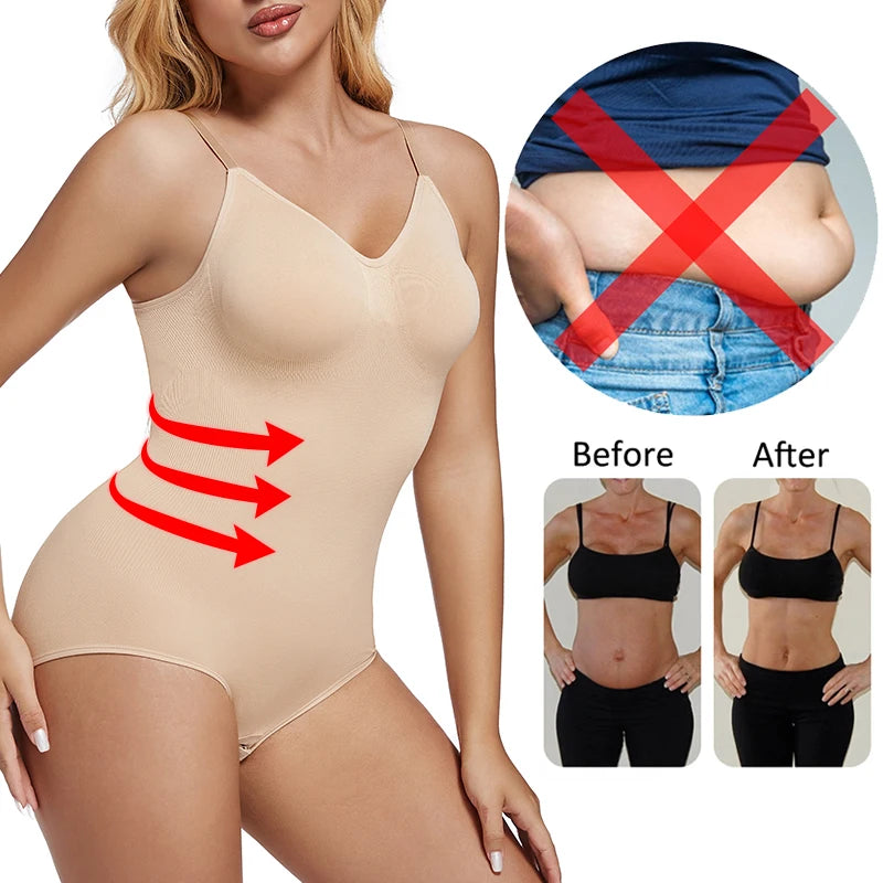 Low Back Bodysuit Shapewear for Women – Seamless Tummy Control Push-Up Body Shaper with Open Crotch & Adjustable Straps