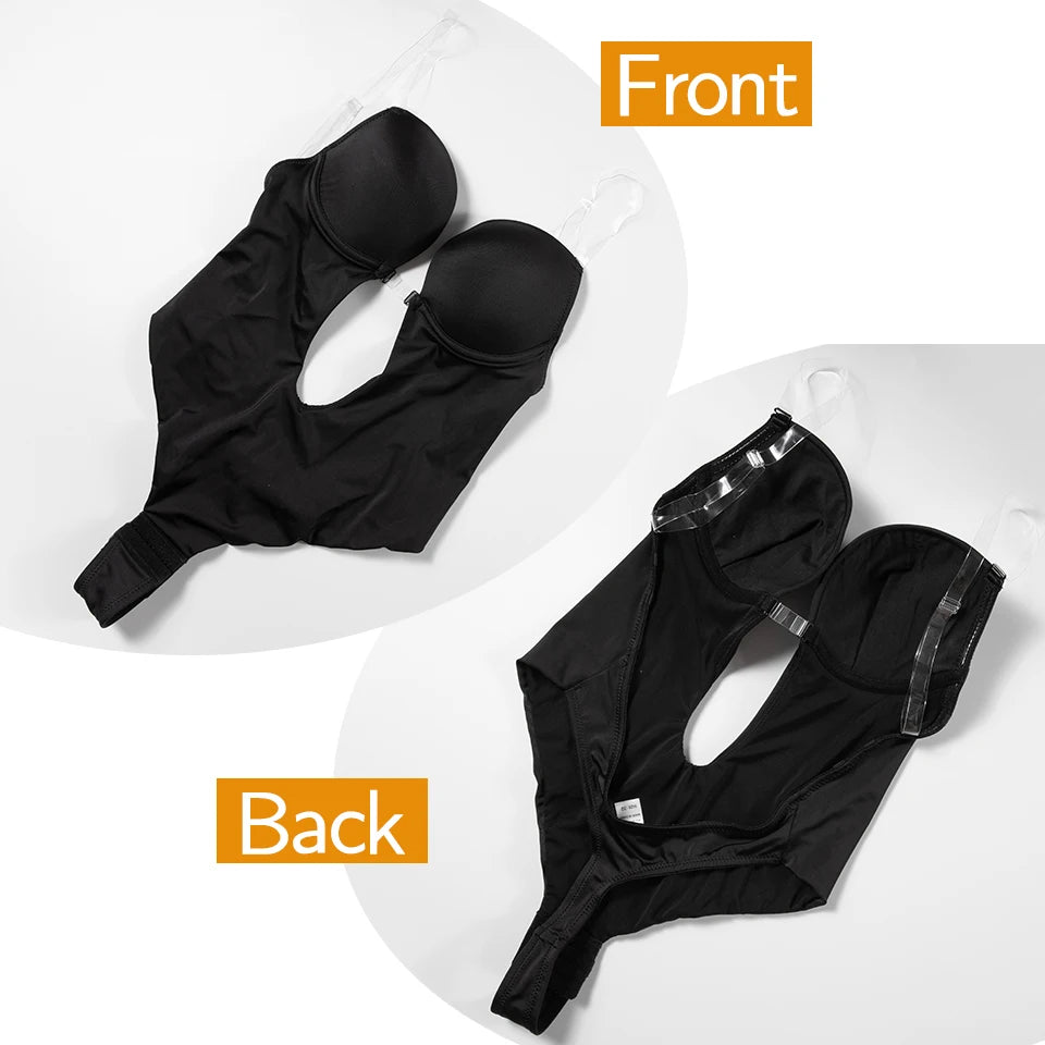 Deep V Invisible Shaper Bra Bodysuit – Backless Thong Corset with Push-Up Padded Bra, Clear Straps & Waist Trainer Support