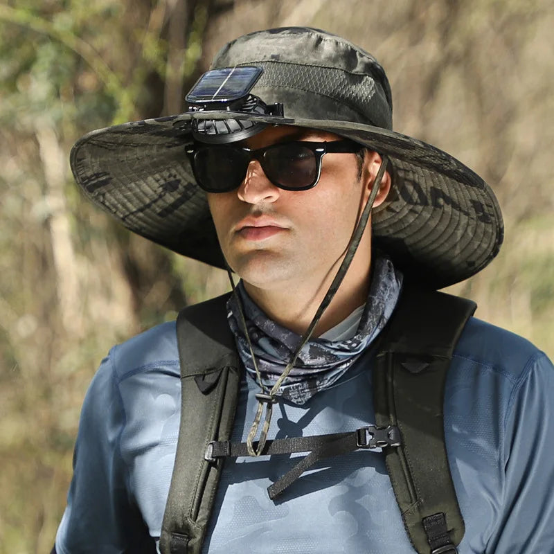 COZOK Wide Brim Solar Fan Hat – Unisex Outdoor UPF 50+ Fishing Hat with Built-in Solar Fan for Sun Protection (Hat03)