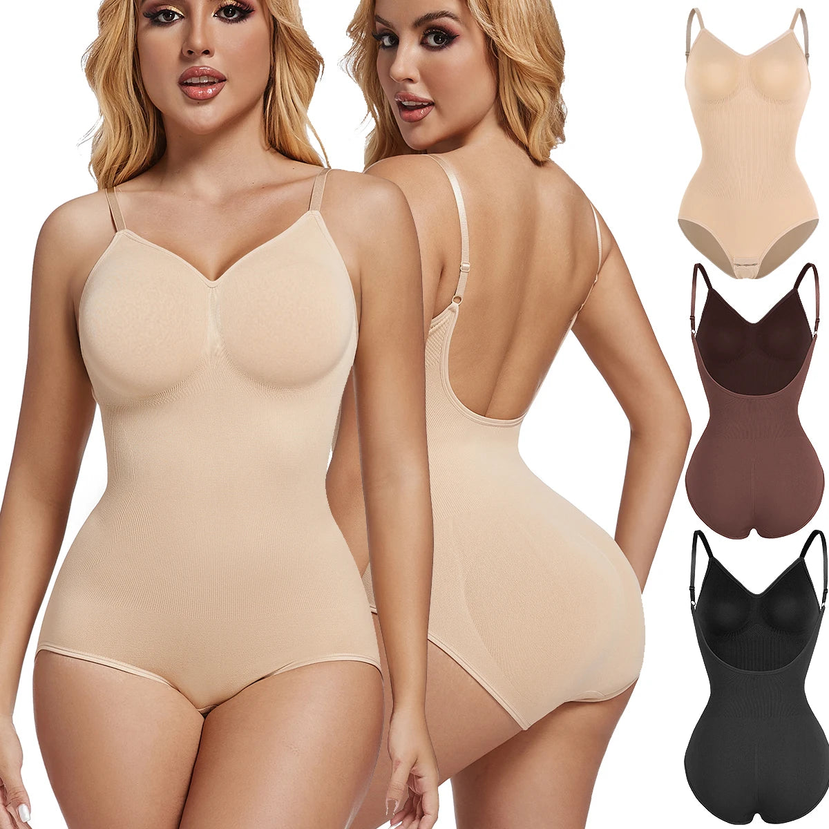 Low Back Bodysuit Shapewear for Women – Seamless Tummy Control Push-Up Body Shaper with Open Crotch & Adjustable Straps
