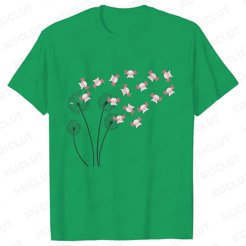 Dandelion Axolotl Flower T-Shirt – Whimsical Nature Meets Cute Charm