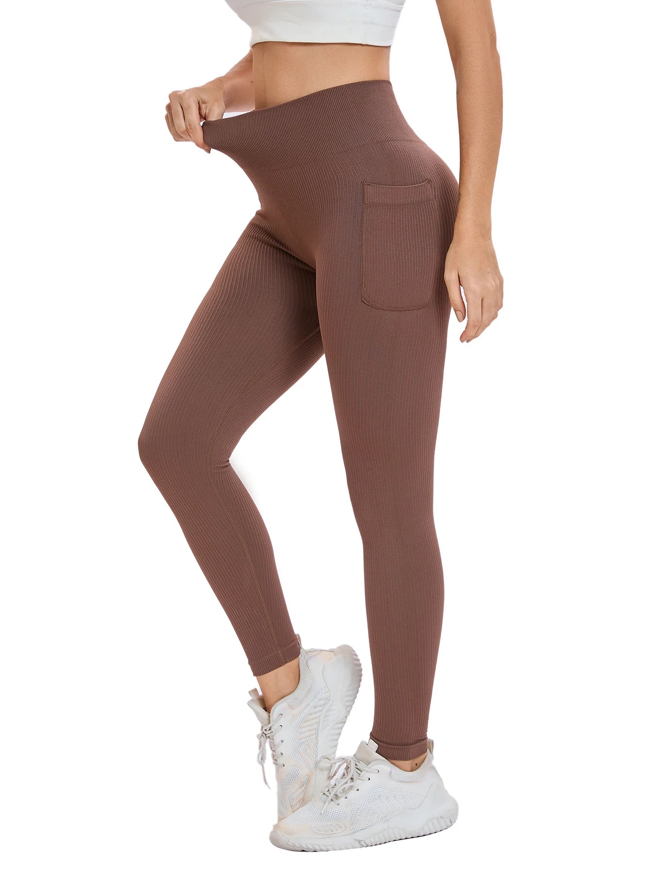 Women’s Seamless Threaded High-Waist Yoga Leggings – Ankle-Length Fitness Pants with Pockets | Stretch Knit Workout Wear