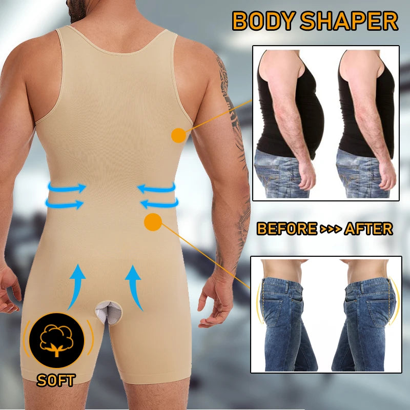 Men’s Sleeveless Full Body Shaper – Compression Bodysuit with Tummy Control & Thigh Slimming | Seamless Shapewear with Open Crotch