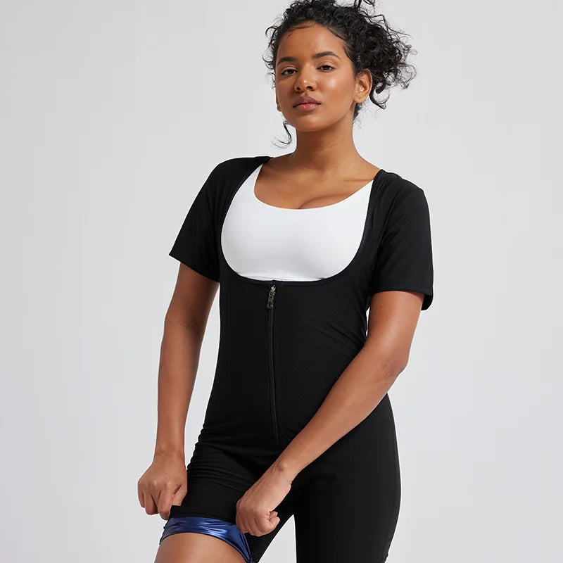 Women’s 3-in-1 Sauna Suit Full Body Shaper – Sweat Vest Waist Trainer with Sleeves & Shorts | Slimming Workout Bodysuit
