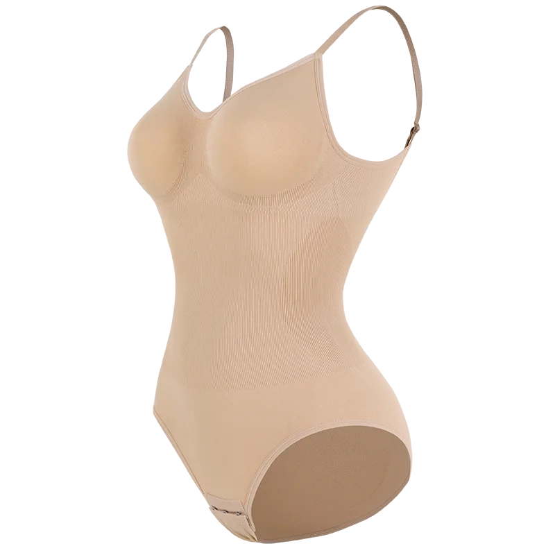 Low Back Bodysuit Shapewear for Women – Seamless Tummy Control Push-Up Body Shaper with Open Crotch & Adjustable Straps