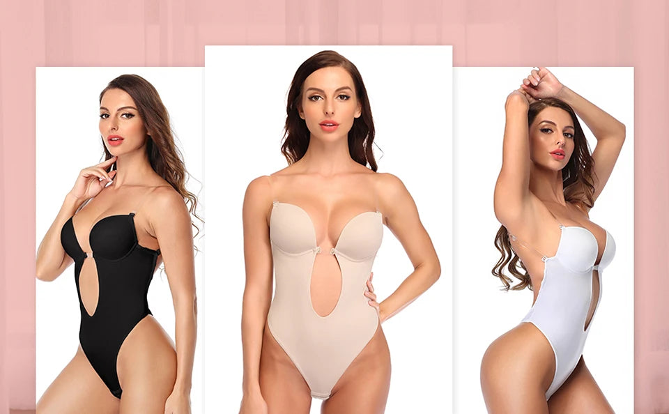 Deep V Invisible Shaper Bra Bodysuit – Backless Thong Corset with Push-Up Padded Bra, Clear Straps & Waist Trainer Support