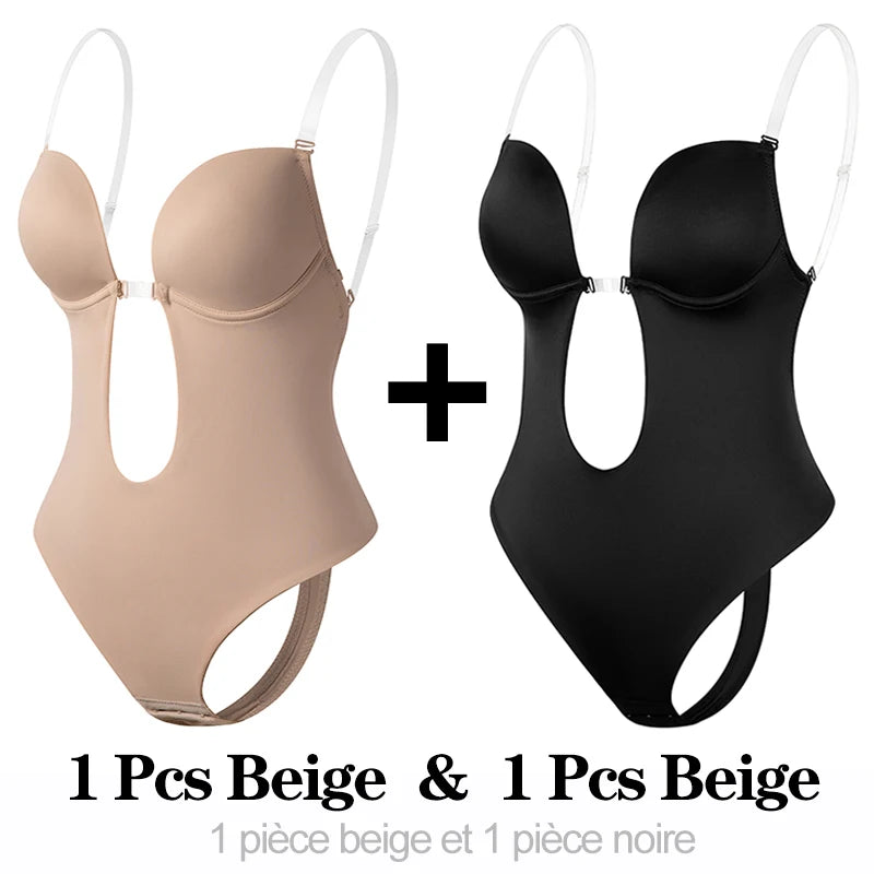 Deep V Invisible Shaper Bra Bodysuit – Backless Thong Corset with Push-Up Padded Bra, Clear Straps & Waist Trainer Support