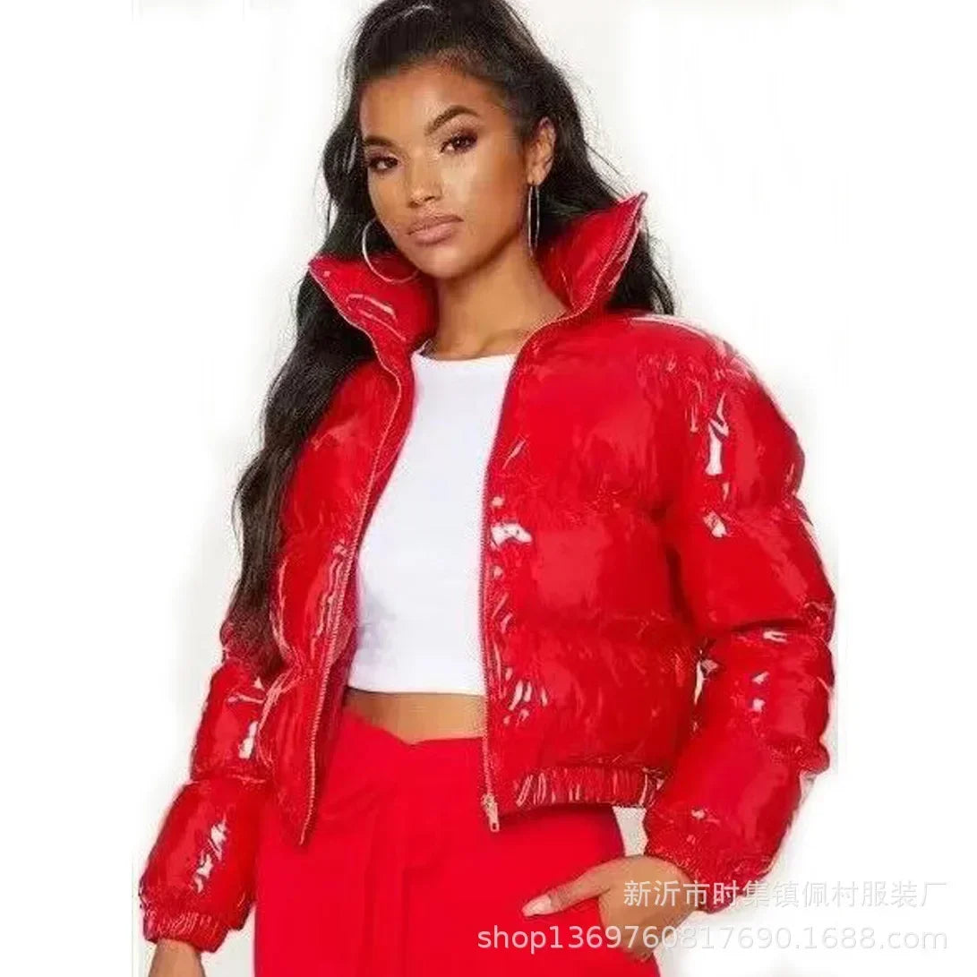 Glossy Short Puffer Jacket for Women – Cotton-Padded Zipper Coat | Casual Sexy Streetwear for Fall & Winter