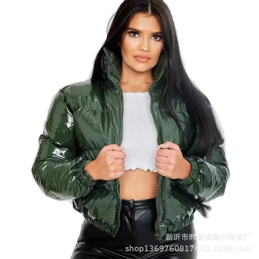 Glossy Short Puffer Jacket for Women – Cotton-Padded Zipper Coat | Casual Sexy Streetwear for Fall & Winter