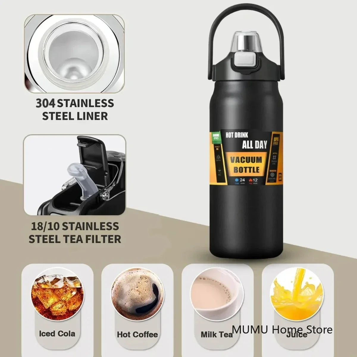 800ML / 1000ML / 1200ML Stainless Steel Thermo Water Bottle – Vacuum Insulated Travel Mug