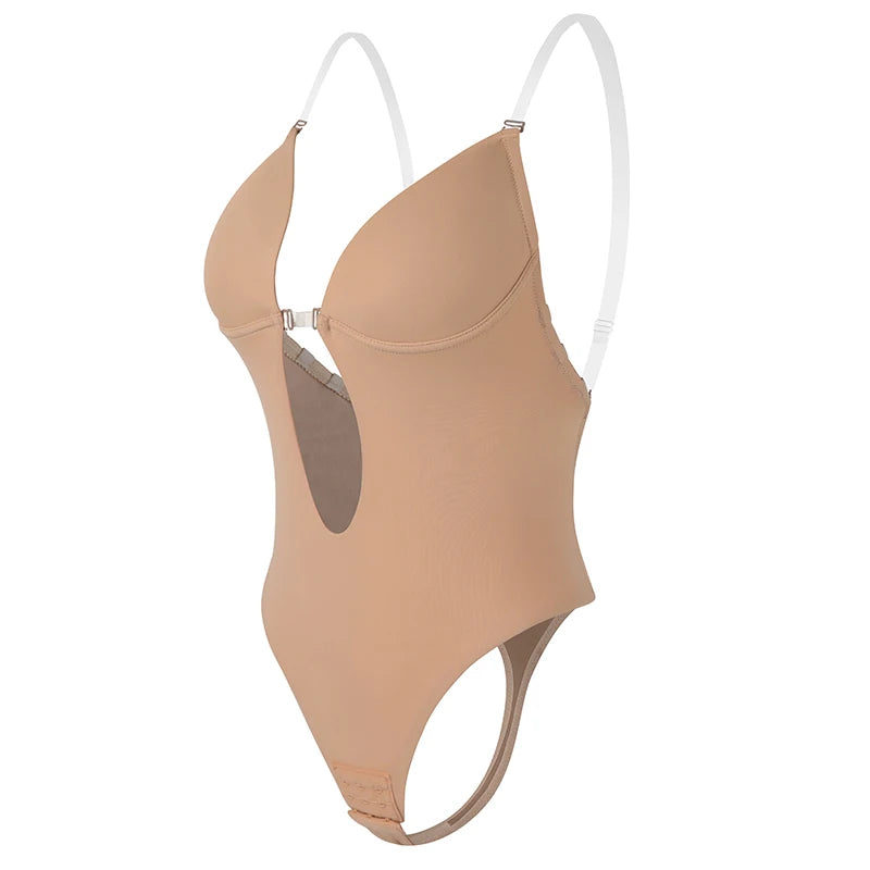 Deep V Invisible Shaper Bra Bodysuit – Backless Thong Corset with Push-Up Padded Bra, Clear Straps & Waist Trainer Support