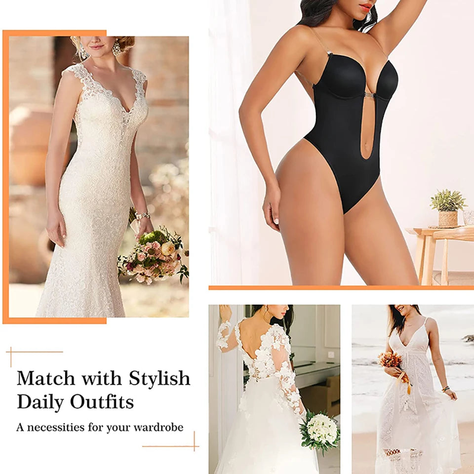 Deep V Invisible Shaper Bra Bodysuit – Backless Thong Corset with Push-Up Padded Bra, Clear Straps & Waist Trainer Support