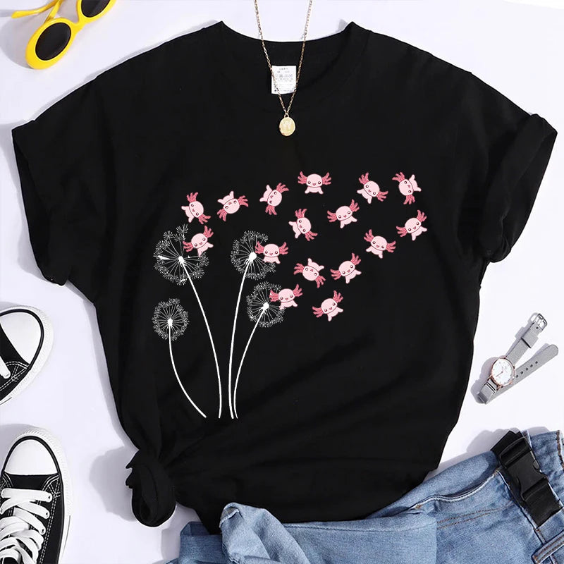 Dandelion Axolotl Flower T-Shirt – Whimsical Nature Meets Cute Charm