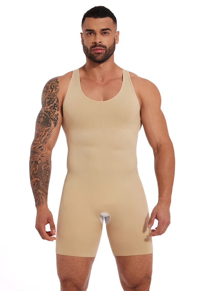 Men’s Sleeveless Full Body Shaper – Compression Bodysuit with Tummy Control & Thigh Slimming | Seamless Shapewear with Open Crotch