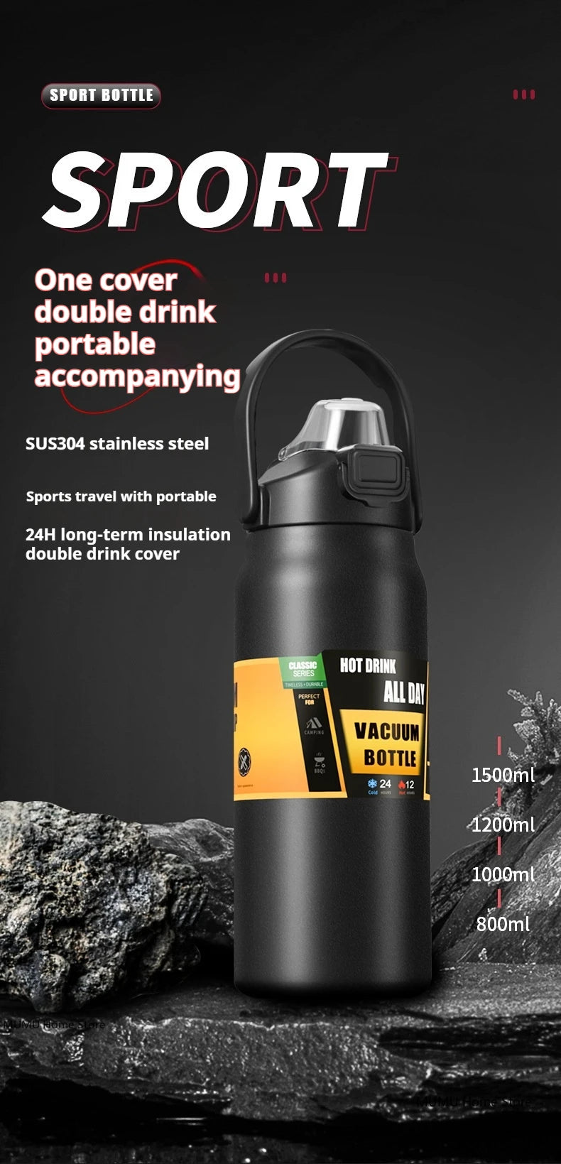 800ML / 1000ML / 1200ML Stainless Steel Thermo Water Bottle – Vacuum Insulated Travel Mug
