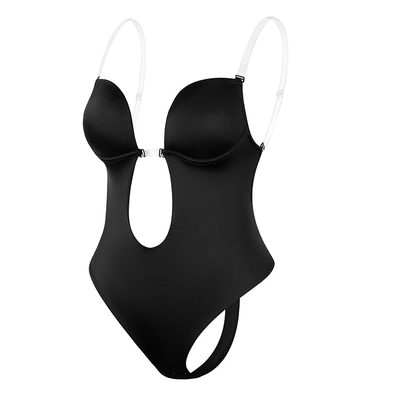 Deep V Invisible Shaper Bra Bodysuit – Backless Thong Corset with Push-Up Padded Bra, Clear Straps & Waist Trainer Support