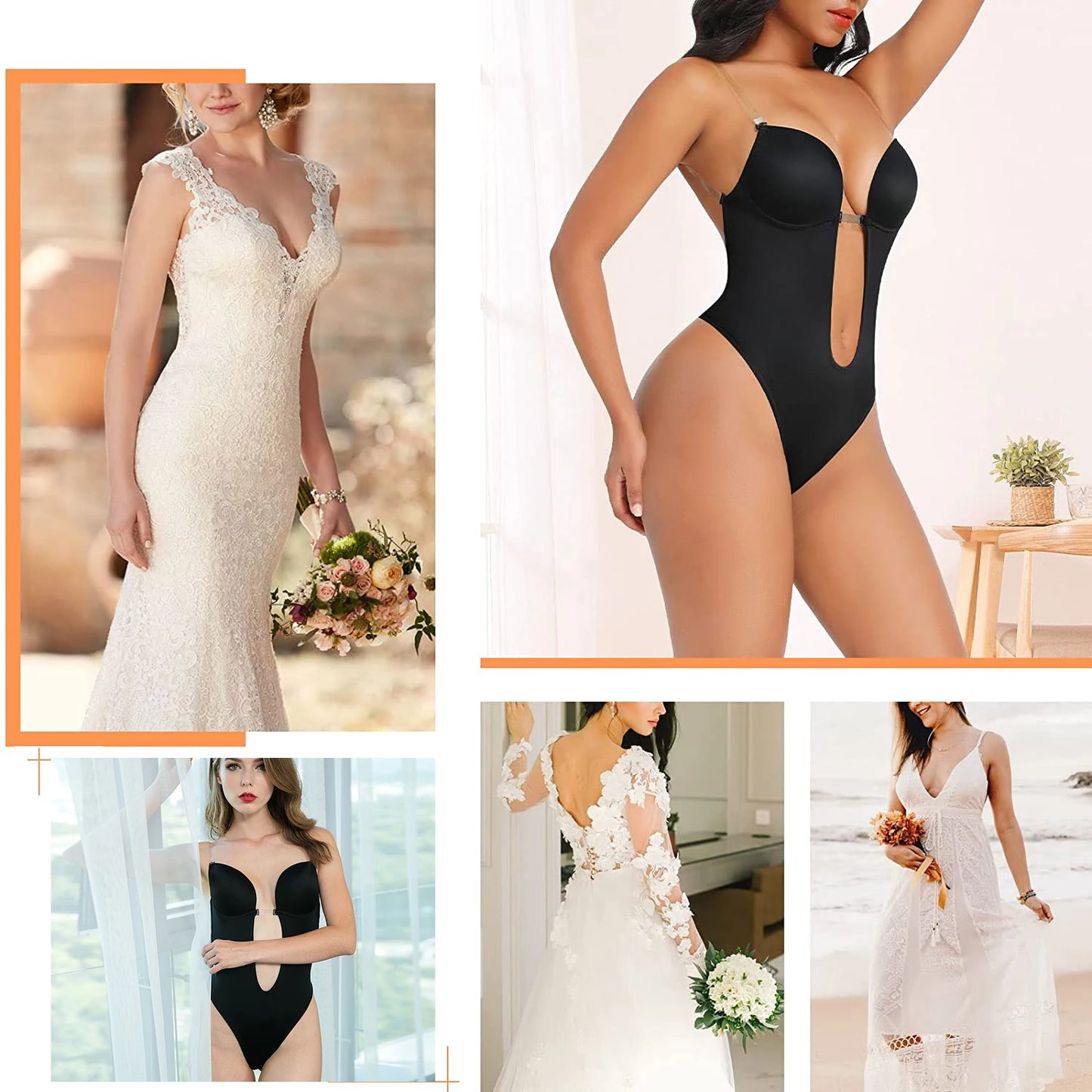 Deep V Invisible Shaper Bra Bodysuit – Backless Thong Corset with Push-Up Padded Bra, Clear Straps & Waist Trainer Support