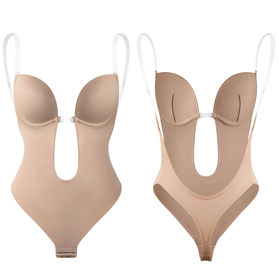 Deep V Invisible Shaper Bra Bodysuit – Backless Thong Corset with Push-Up Padded Bra, Clear Straps & Waist Trainer Support