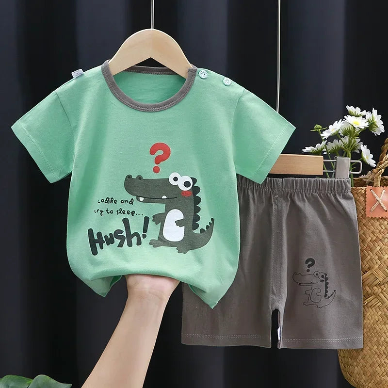 2-Piece Summer Cotton T-Shirt & Shorts Set for Toddlers – Unisex Cartoon Print Outfit