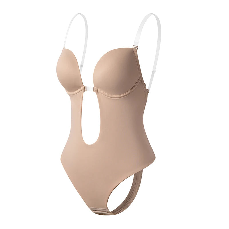 Deep V Invisible Shaper Bra Bodysuit – Backless Thong Corset with Push-Up Padded Bra, Clear Straps & Waist Trainer Support